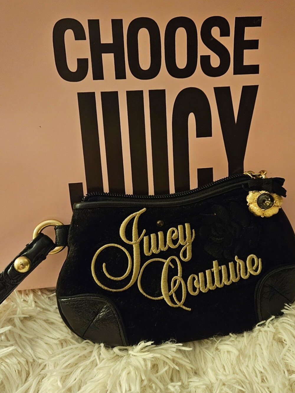 Rare Juicy Couture Y2k Black Velvet Wristlet with Gold Script Logo & Charm